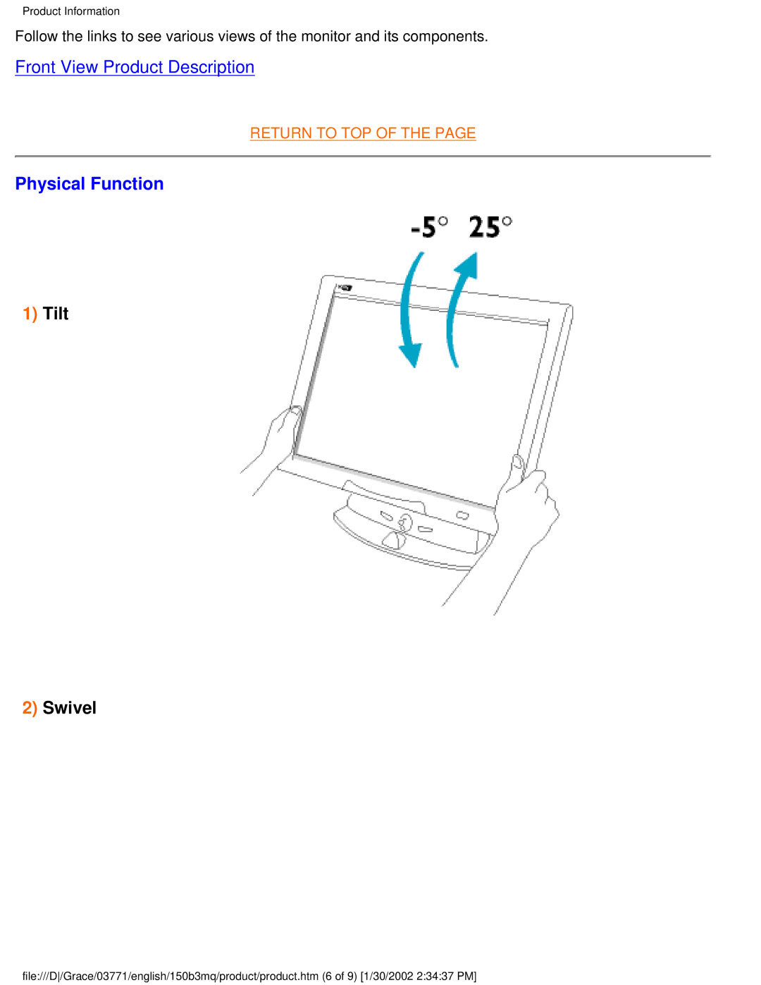 Philips 150B3M/150B3Q user manual Physical Function, Tilt Swivel 