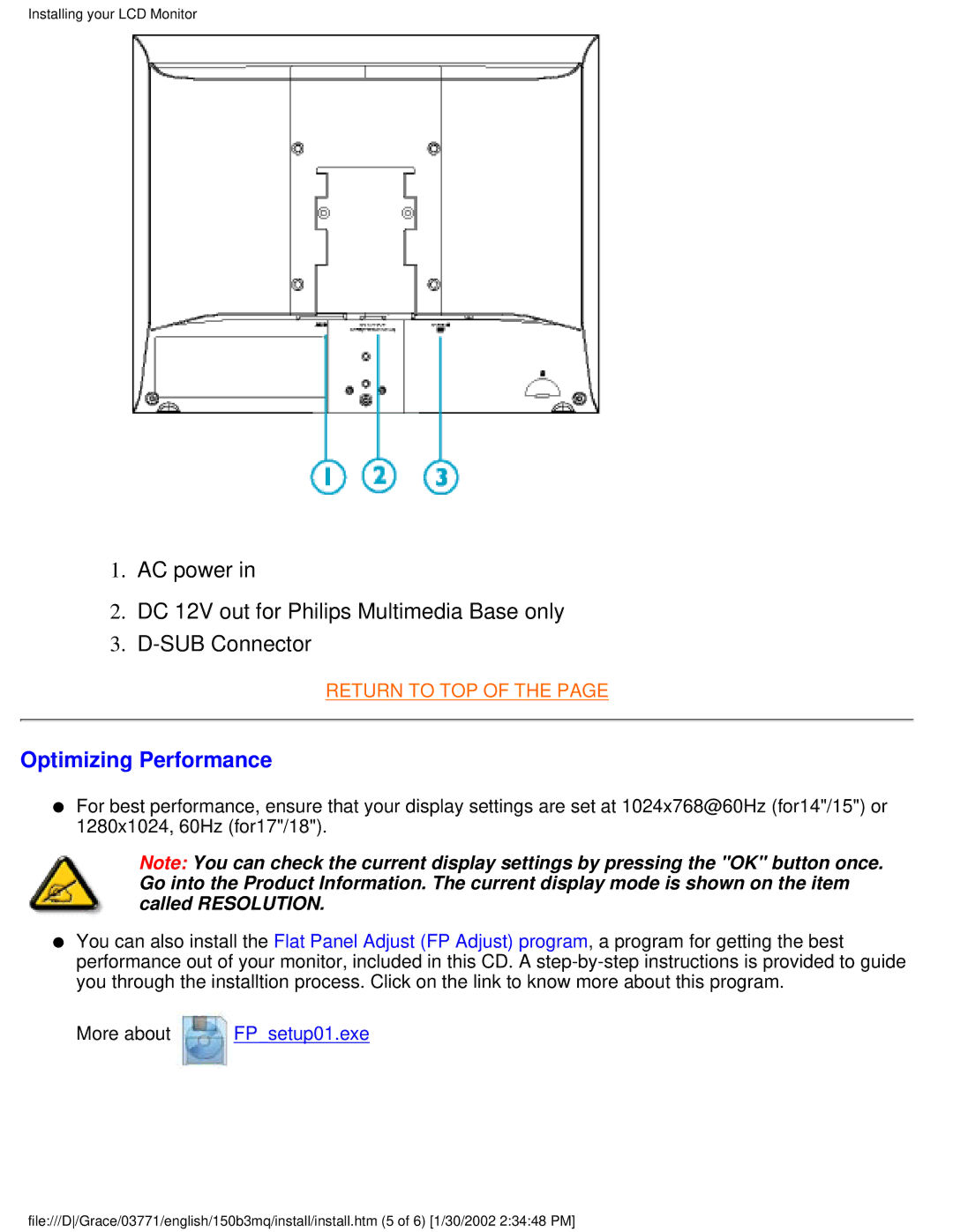 Philips 150B3M/150B3Q user manual Optimizing Performance, More about FPsetup01.exe 