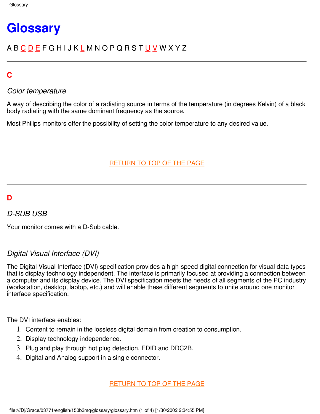 Philips 150B3M/150B3Q user manual Glossary, Color temperature 