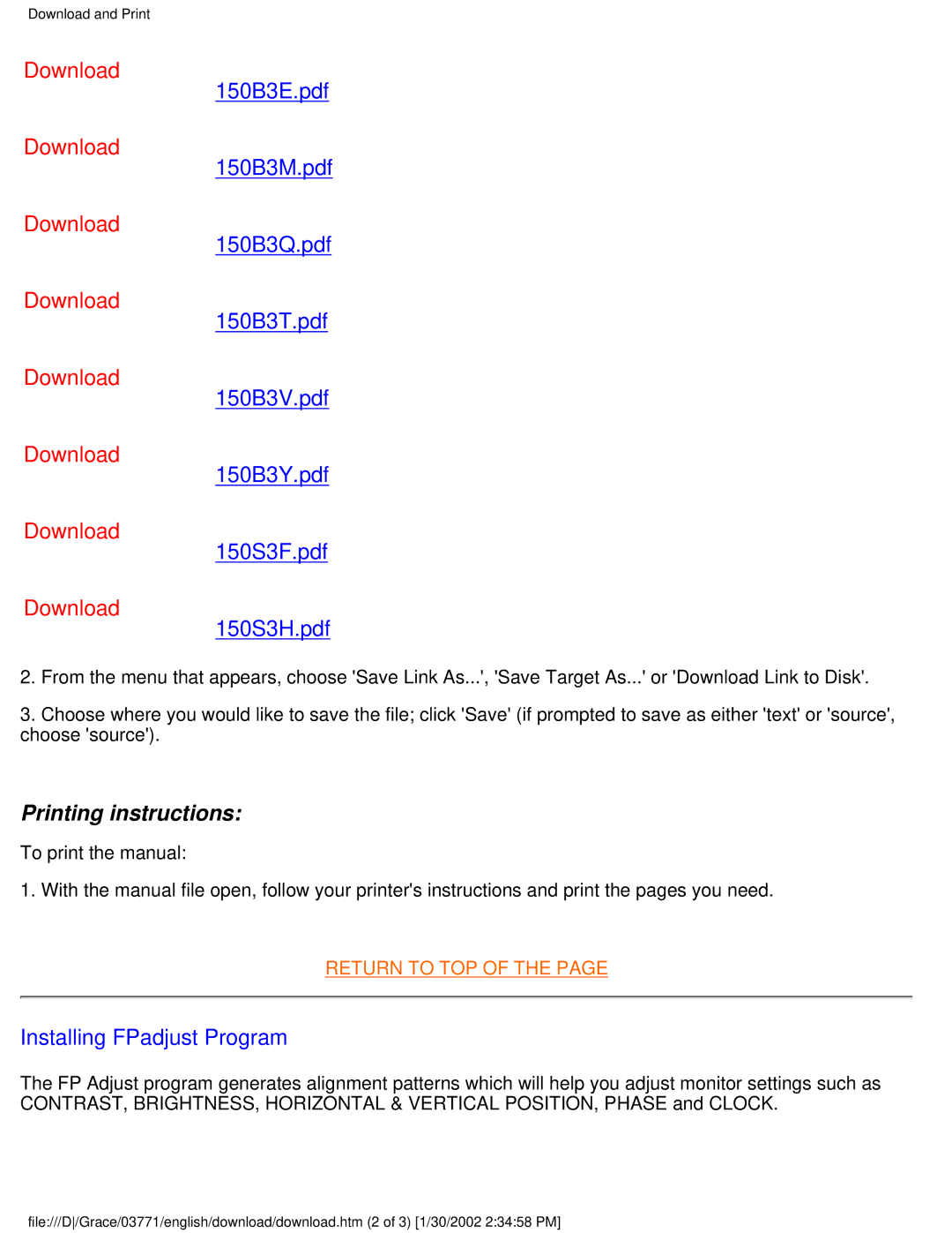 Philips 150B3M/150B3Q user manual Printing instructions, Installing FPadjust Program 