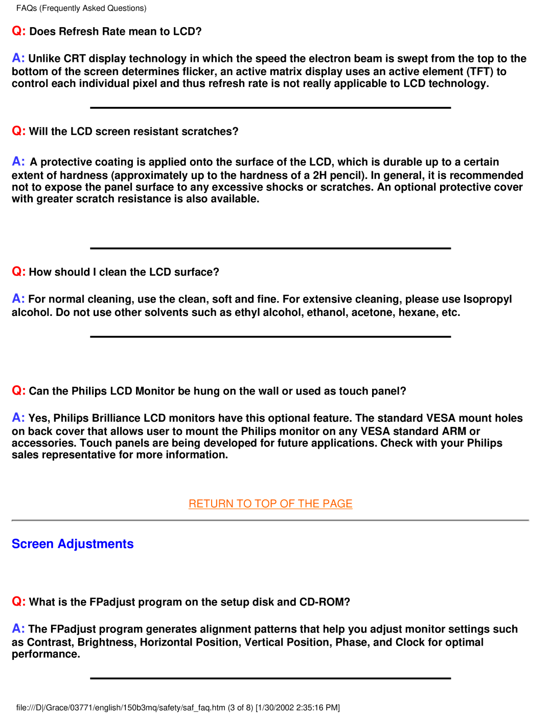 Philips 150B3M/150B3Q user manual Screen Adjustments 