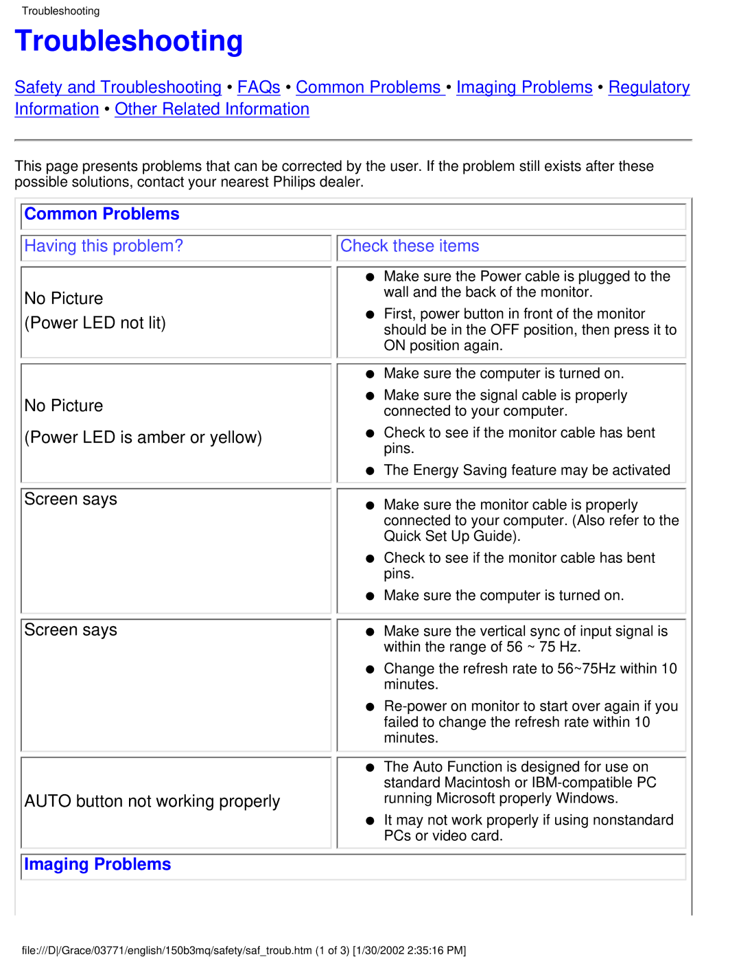 Philips 150B3M/150B3Q user manual Troubleshooting, Common Problems, Imaging Problems 