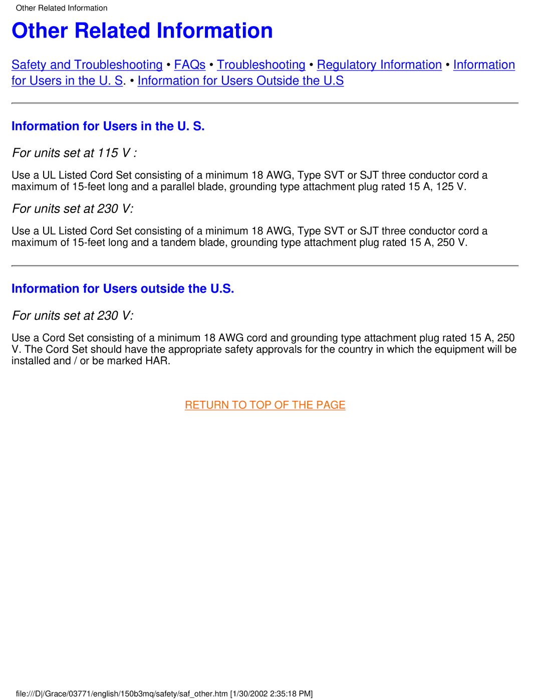 Philips 150B3M/150B3Q Other Related Information, Information for Users in the U. S, Information for Users outside the U.S 