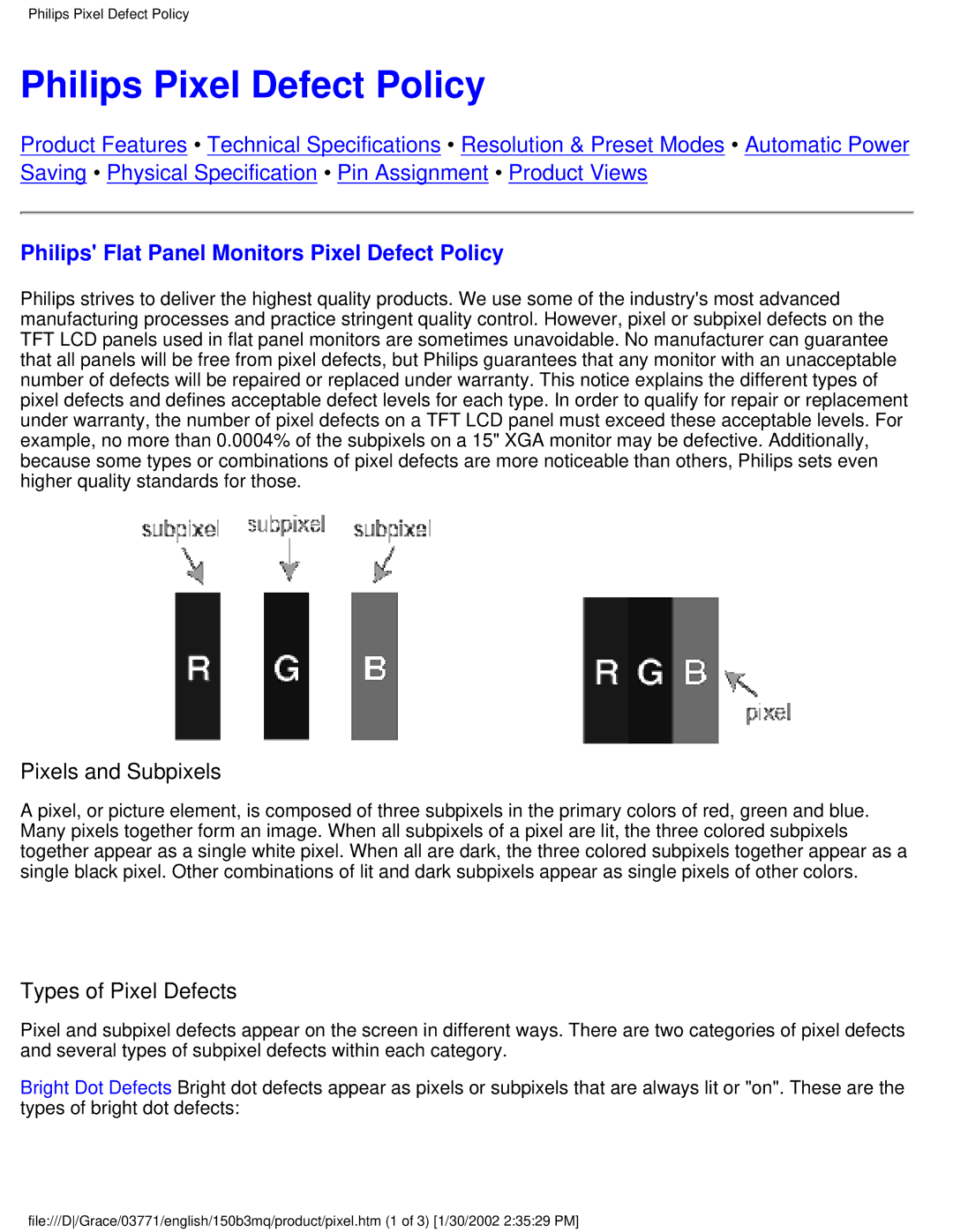 Philips 150B3M/150B3Q user manual Philips Pixel Defect Policy, Philips Flat Panel Monitors Pixel Defect Policy 