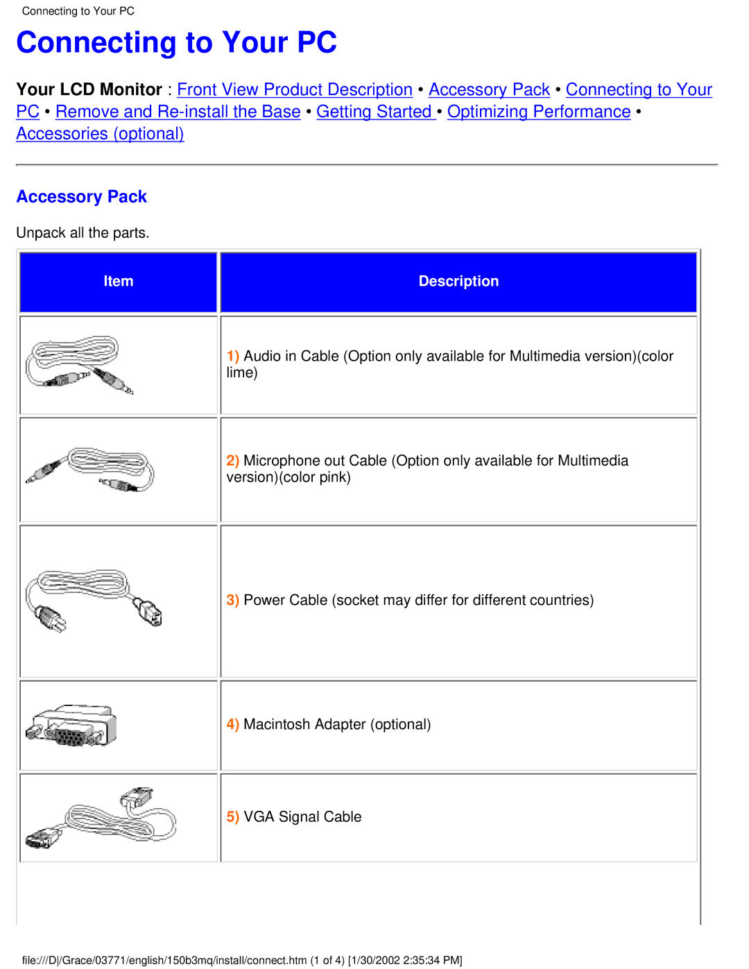 Philips 150B3M/150B3Q user manual Connecting to Your PC, Accessory Pack 