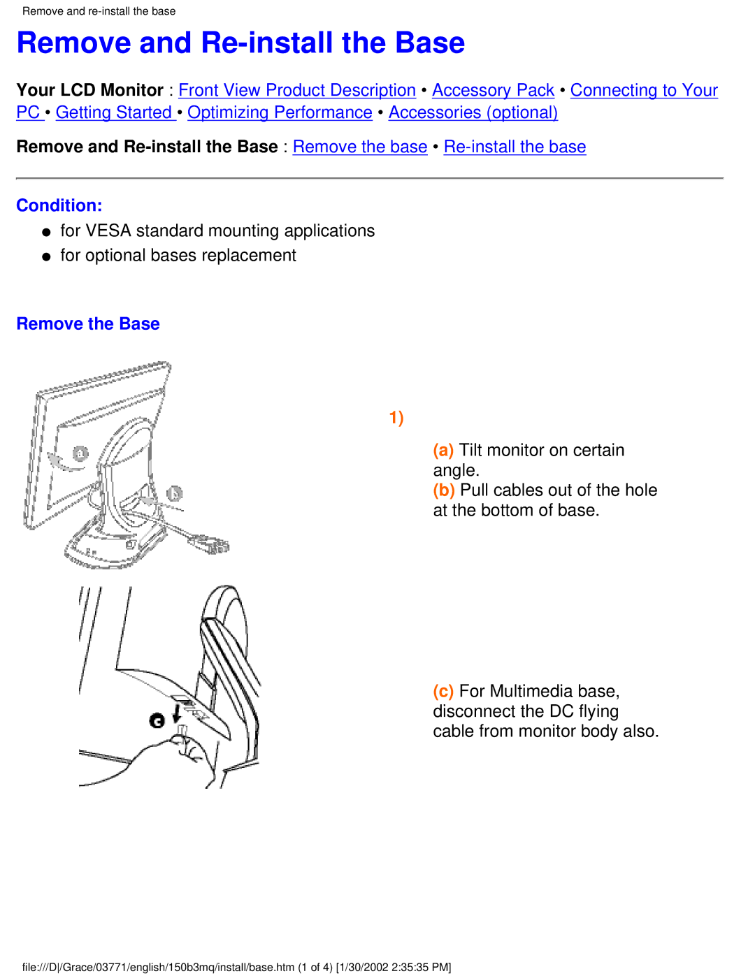 Philips 150B3M/150B3Q user manual Remove and Re-install the Base, Condition, Remove the Base 