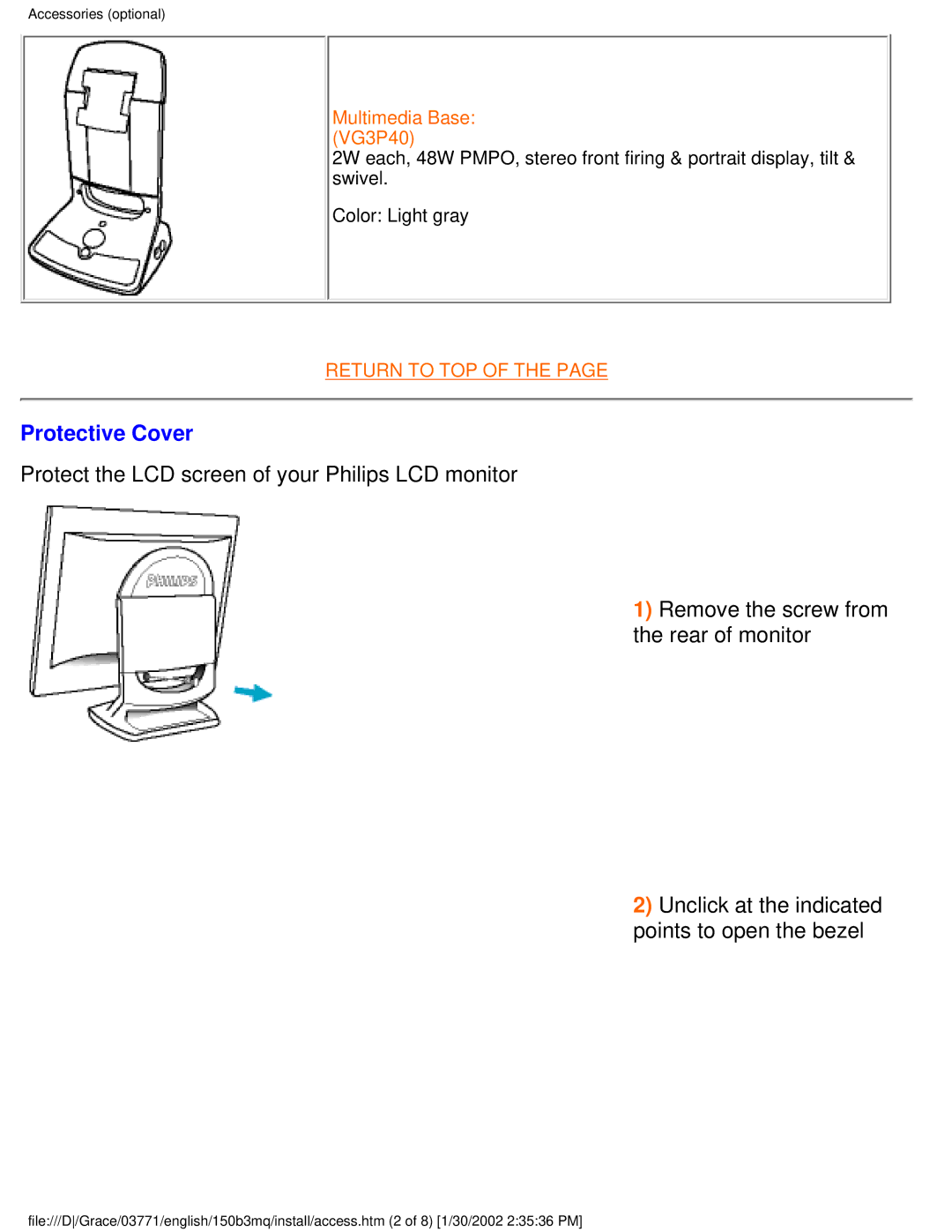 Philips 150B3M/150B3Q user manual Protective Cover 