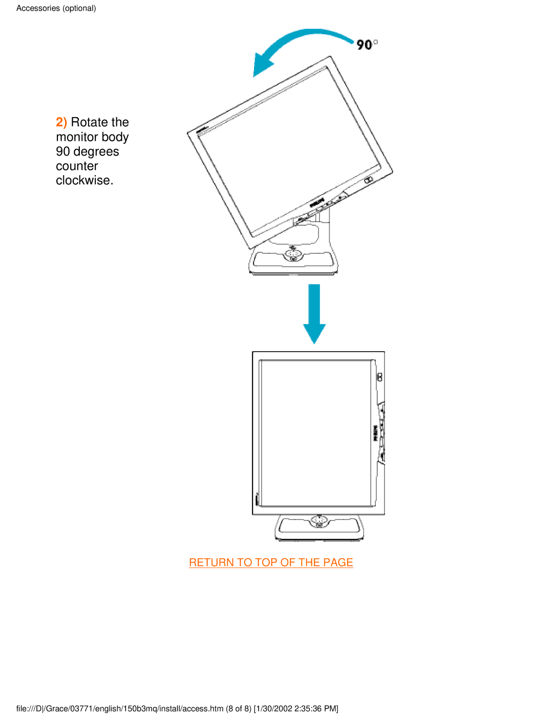 Philips 150B3M/150B3Q user manual Rotate the monitor body 90 degrees counter clockwise 