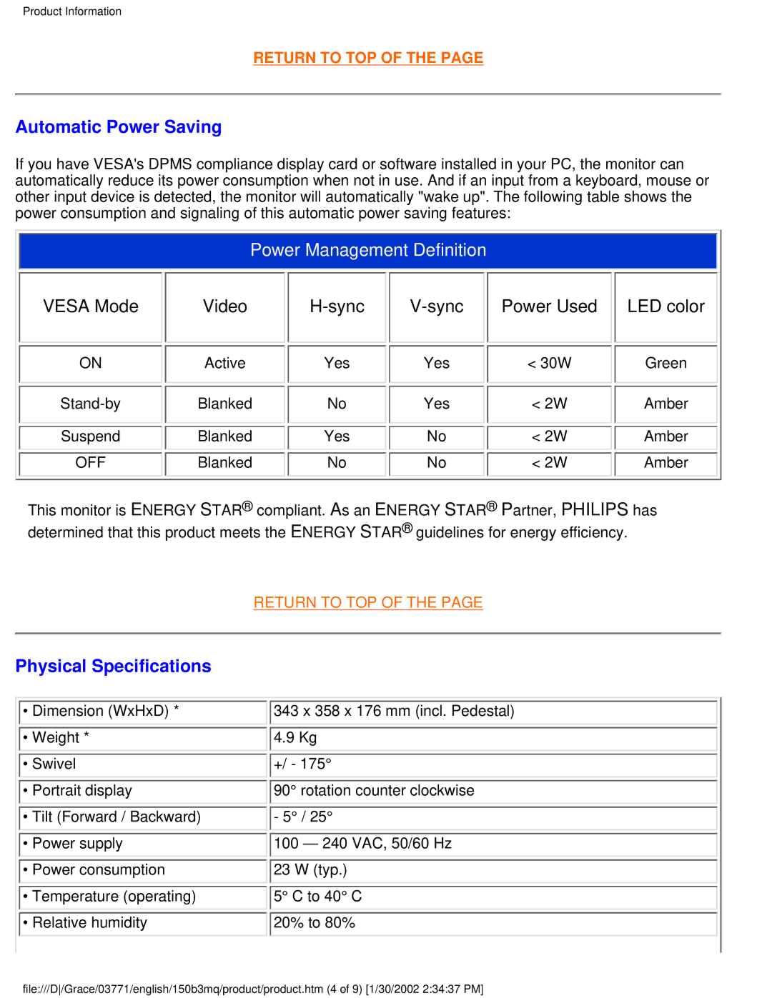 Philips 150B3M/150B3Q user manual Automatic Power Saving, Physical Specifications 