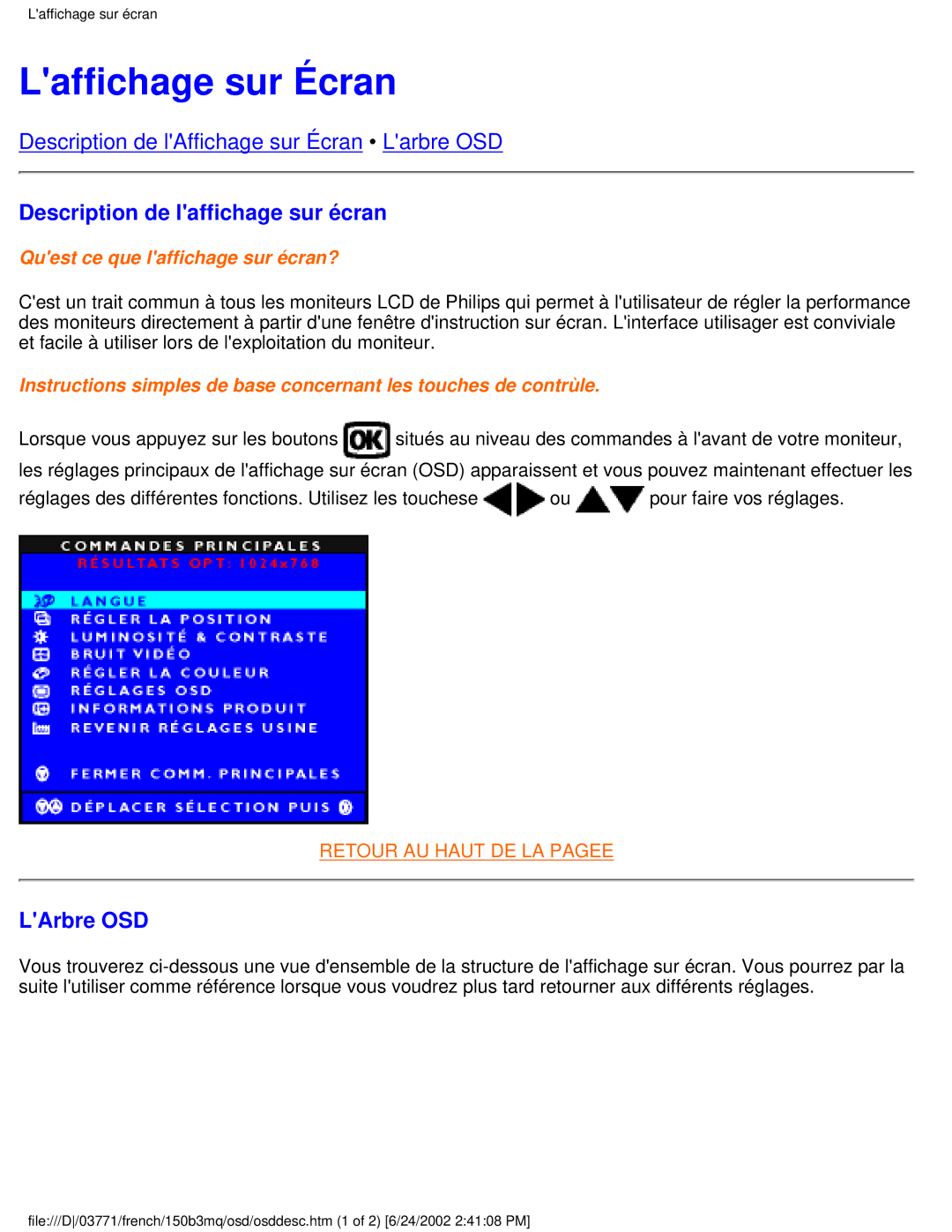 Philips 150B3M, 150B3Q user manual Laffichage sur Écran, Description de laffichage sur écran, LArbre OSD 