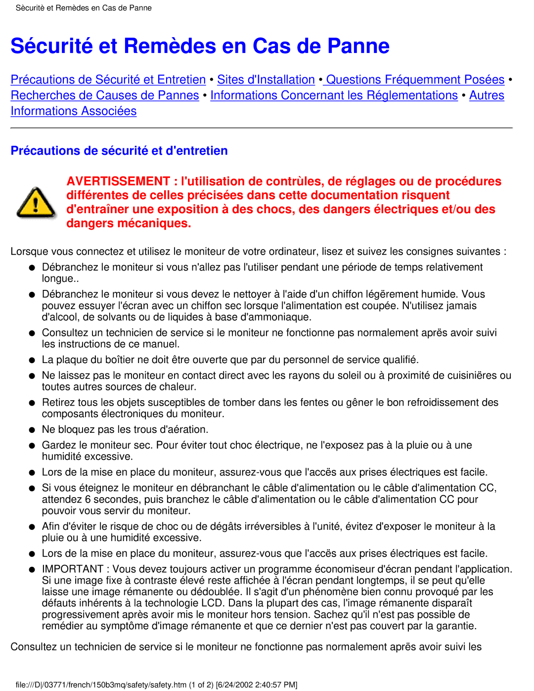 Philips 150B3Q, 150B3M user manual Sécurité et Remèdes en Cas de Panne, Précautions de sécurité et dentretien 