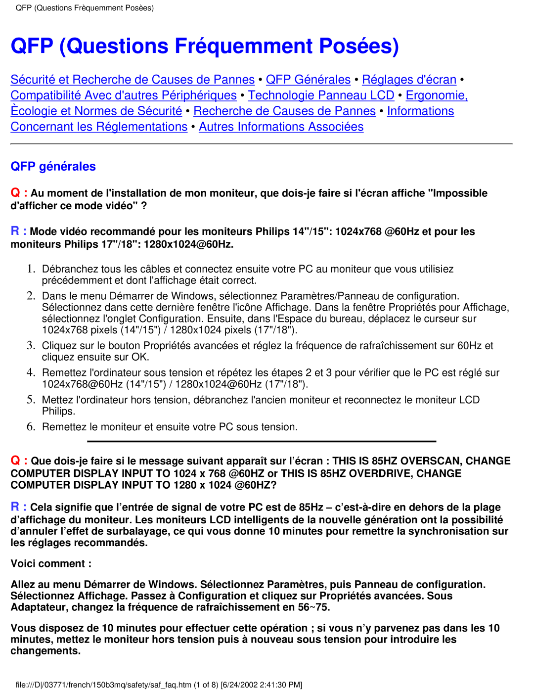 Philips 150B3M, 150B3Q user manual QFP Questions Fréquemment Posées, QFP générales 