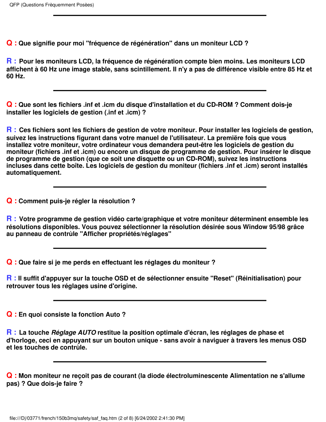 Philips 150B3Q, 150B3M user manual QFP Questions Frèquemment Posèes 