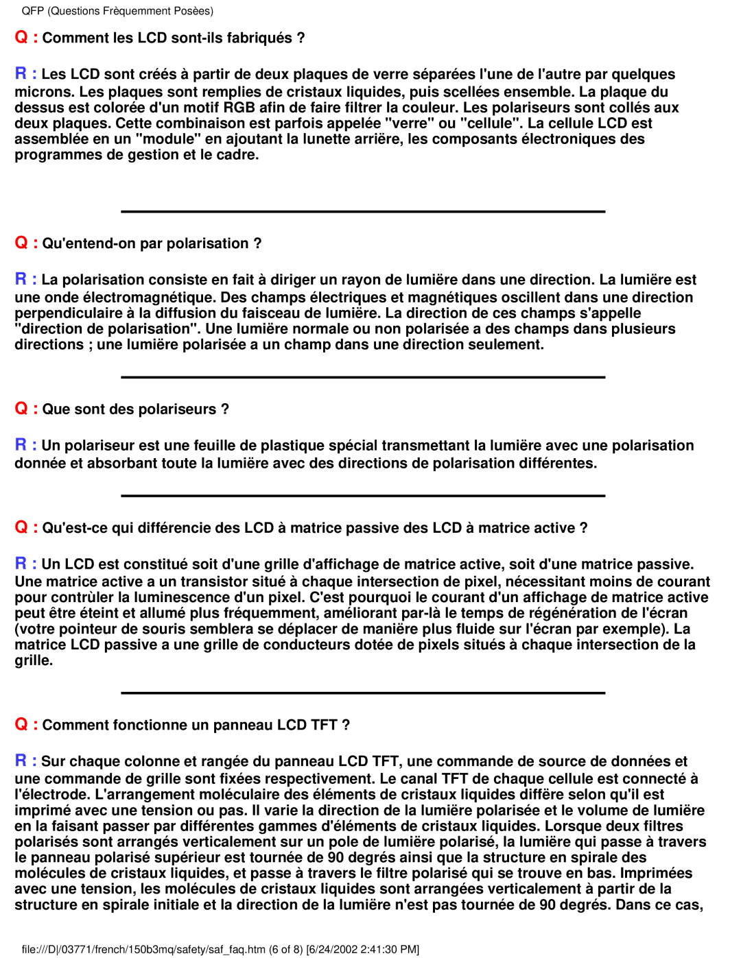 Philips 150B3Q, 150B3M user manual QFP Questions Frèquemment Posèes 