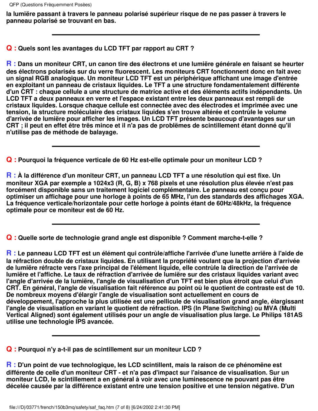 Philips 150B3M, 150B3Q user manual QFP Questions Frèquemment Posèes 