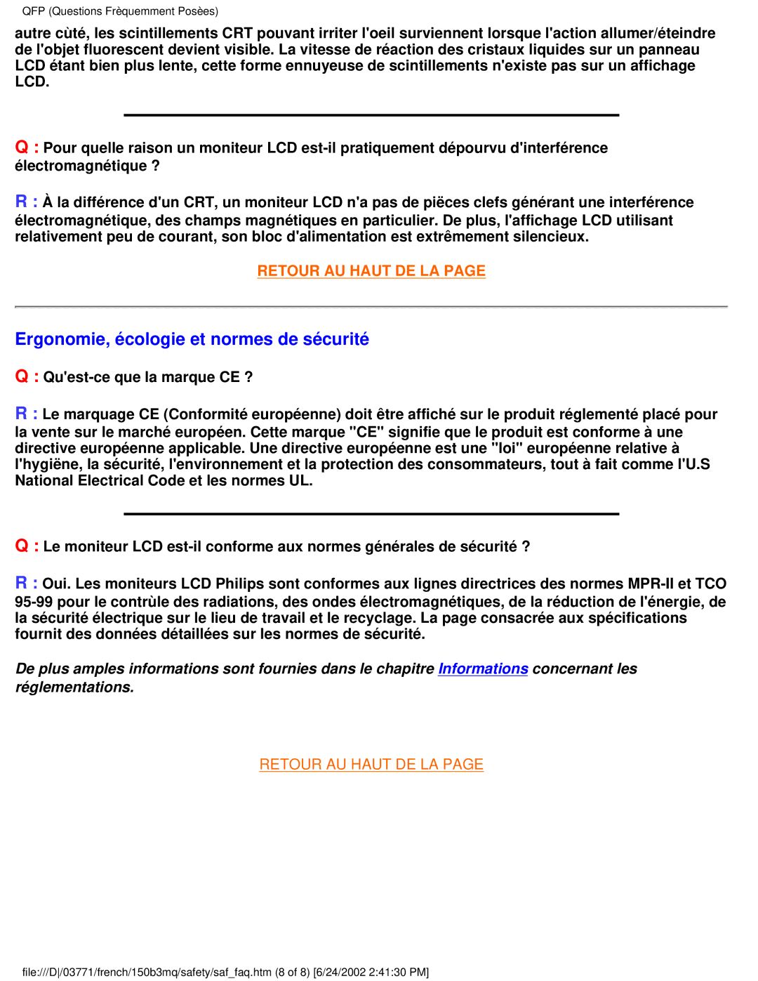 Philips 150B3Q, 150B3M user manual Ergonomie, écologie et normes de sécurité 