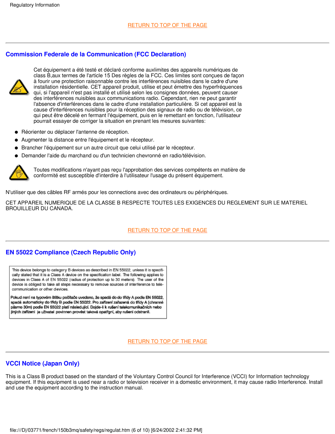 Philips 150B3M, 150B3Q user manual EN 55022 Compliance Czech Republic Only 