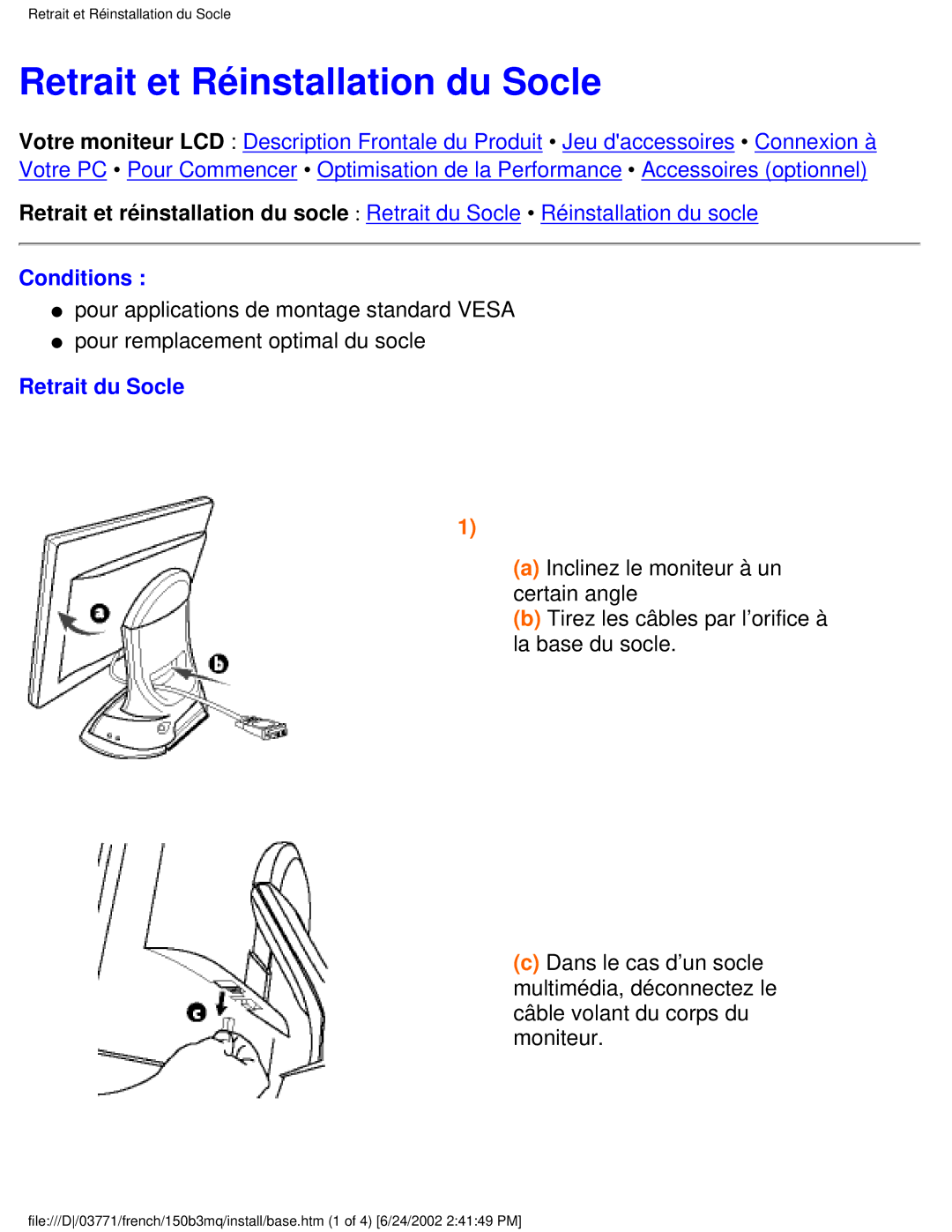 Philips 150B3Q, 150B3M user manual Retrait et Réinstallation du Socle, Conditions, Retrait du Socle 