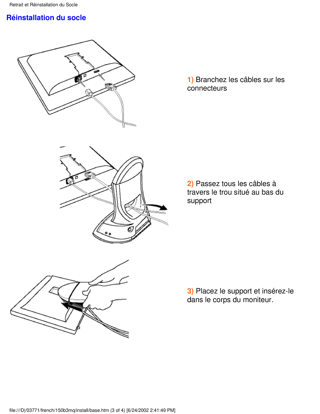 Philips 150B3Q, 150B3M user manual Réinstallation du socle 