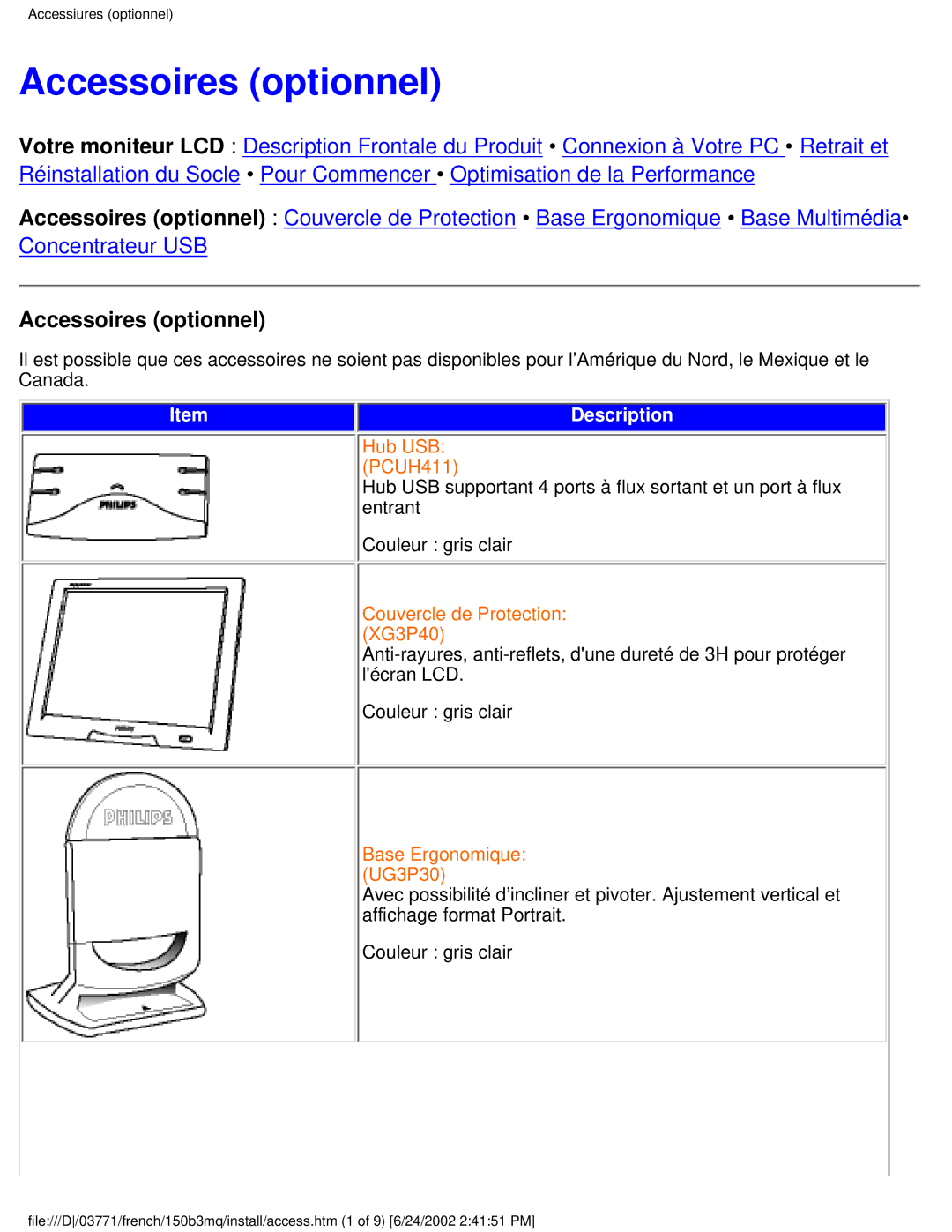 Philips 150B3M, 150B3Q user manual Accessoires optionnel 