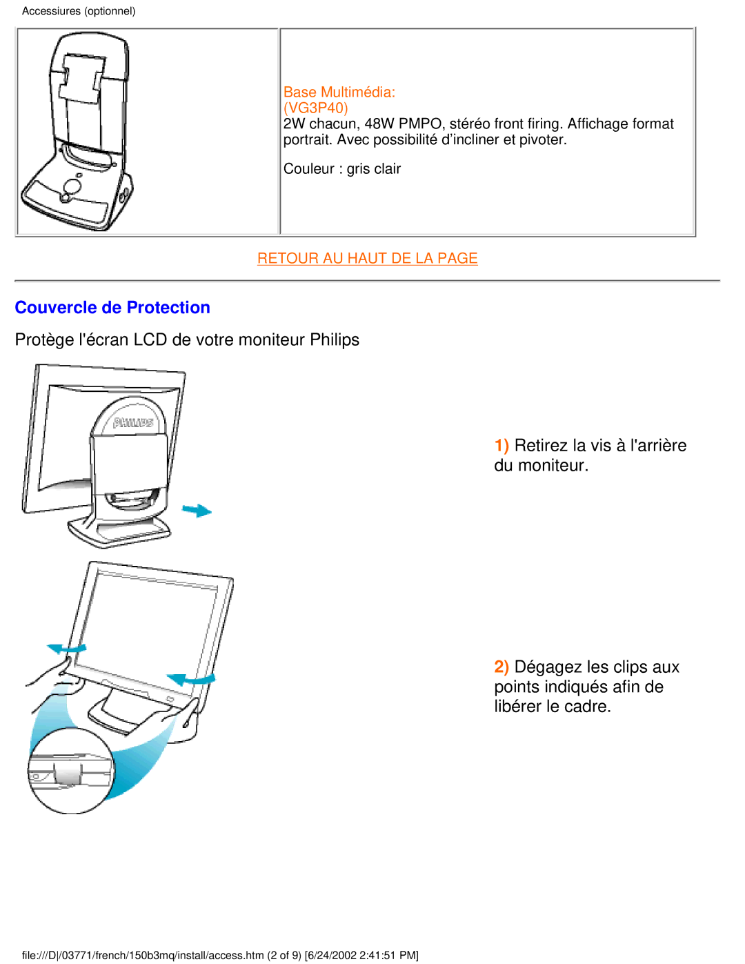 Philips 150B3Q, 150B3M user manual Couvercle de Protection, Base Multimédia VG3P40 