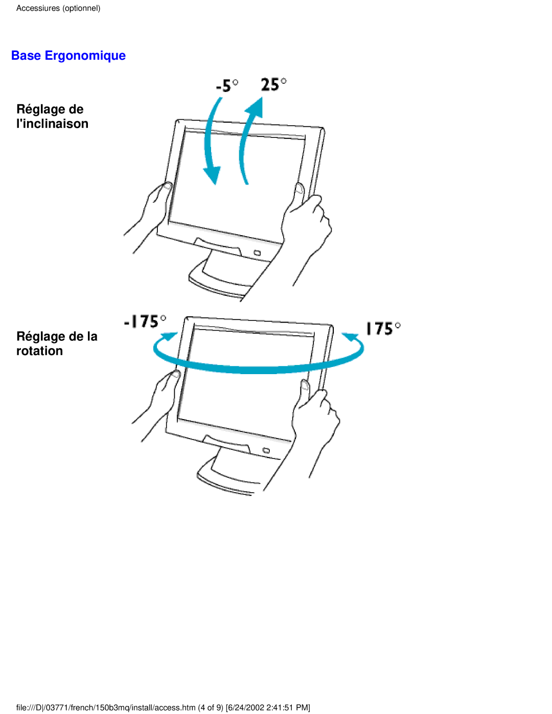 Philips 150B3Q, 150B3M user manual Base Ergonomique, Réglage de linclinaison Réglage de la rotation 