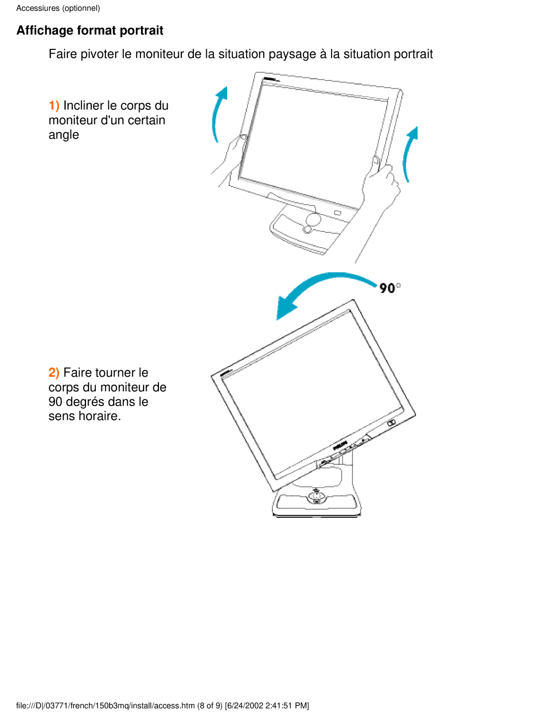 Philips 150B3Q, 150B3M user manual Affichage format portrait 