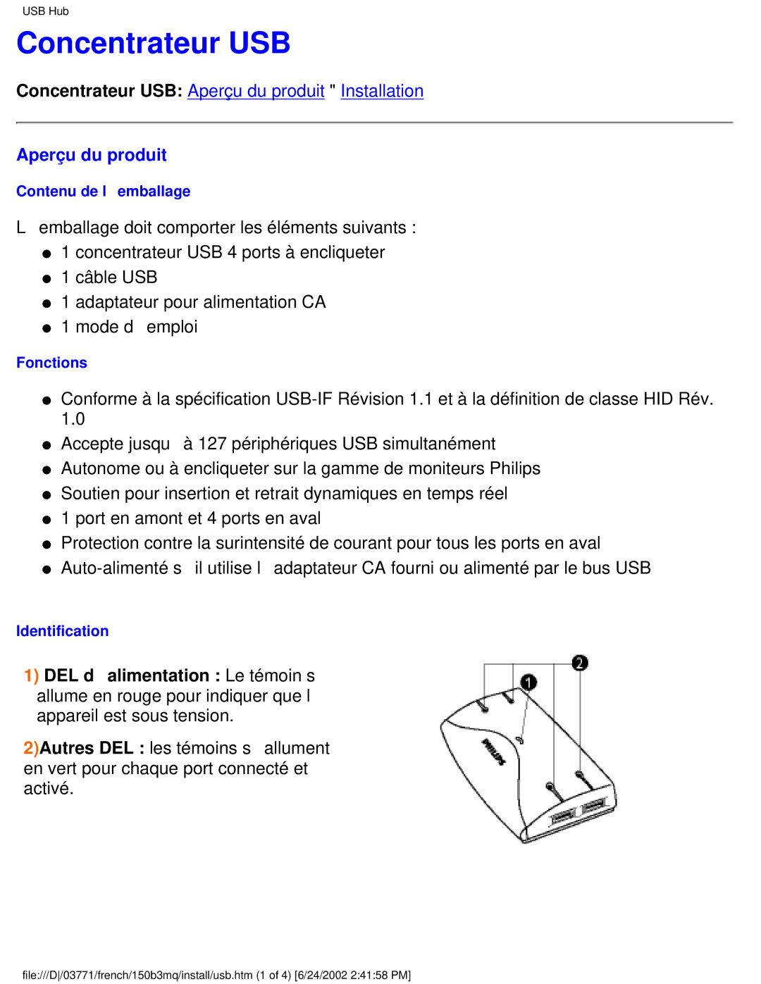 Philips 150B3Q, 150B3M user manual Concentrateur USB, Aperçu du produit 