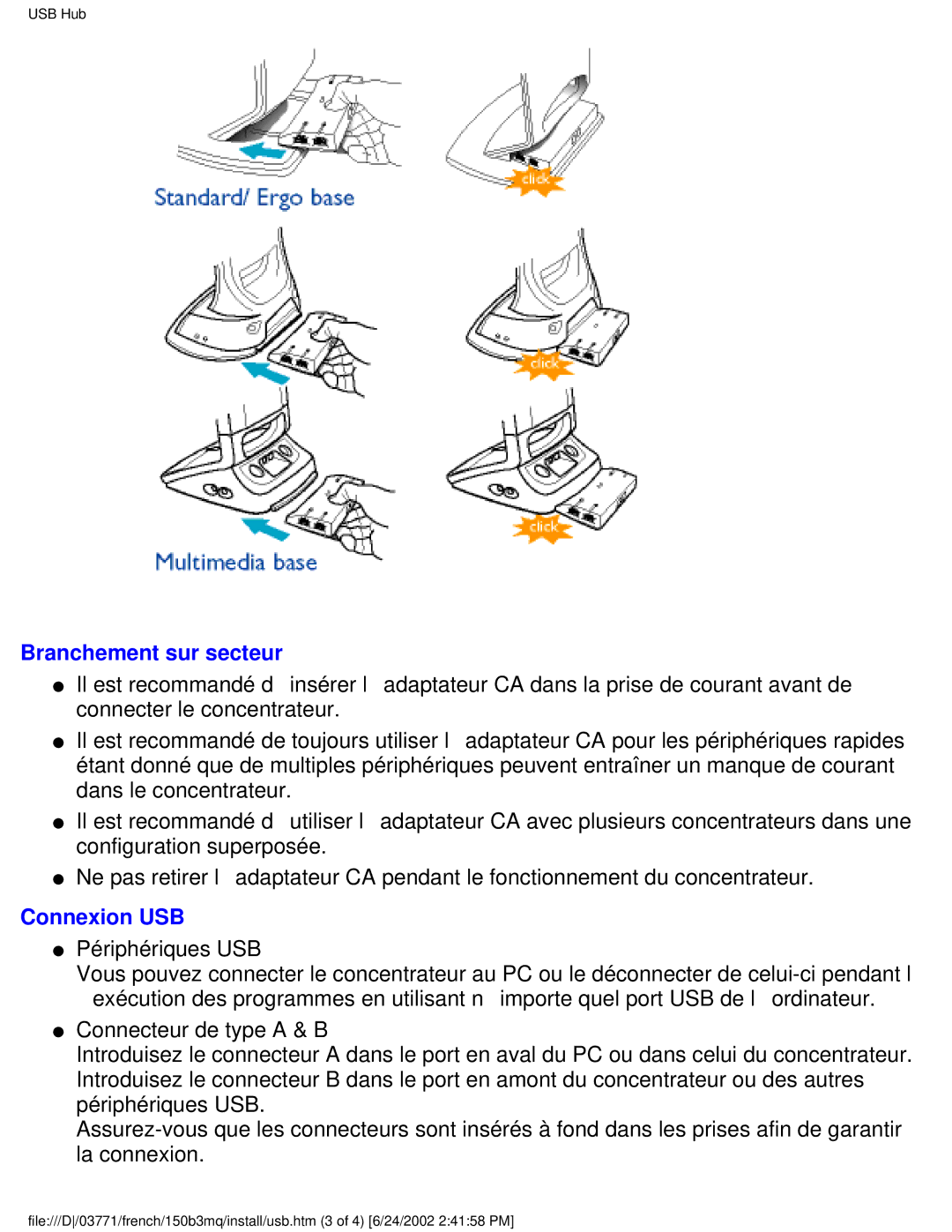 Philips 150B3Q, 150B3M user manual Branchement sur secteur, Connexion USB 