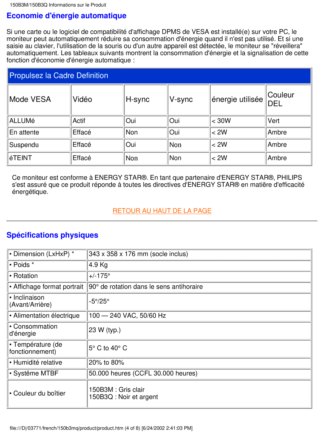 Philips 150B3M, 150B3Q user manual Economie dénergie automatique, Spécifications physiques 