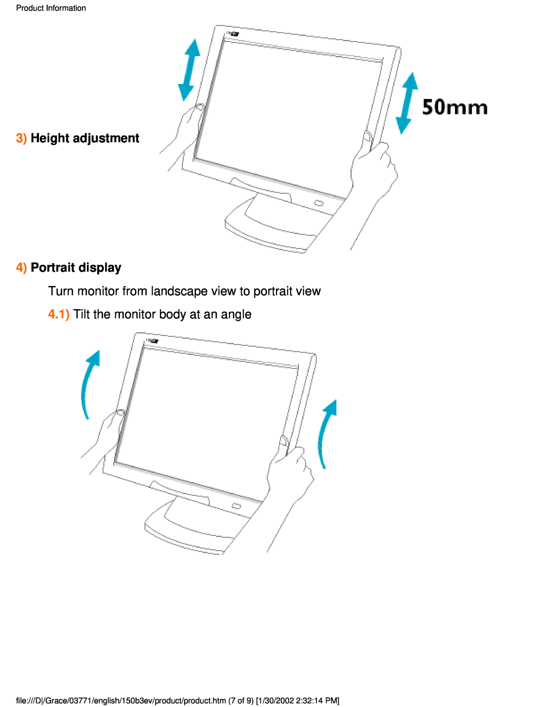 Philips 150B3V, 150B3E user manual Height adjustment 4 Portrait display, Product Information 