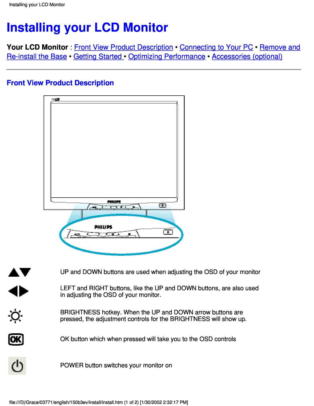 Philips 150B3E, 150B3V user manual Installing your LCD Monitor, Front View Product Description 