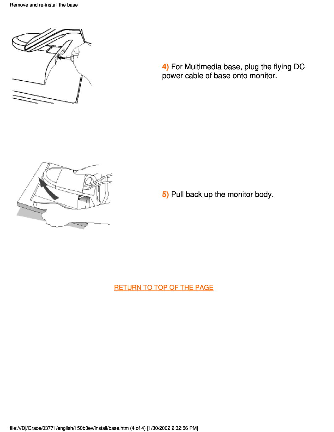 Philips 150B3E, 150B3V user manual Pull back up the monitor body, Return To Top Of The Page, Remove and re-install the base 