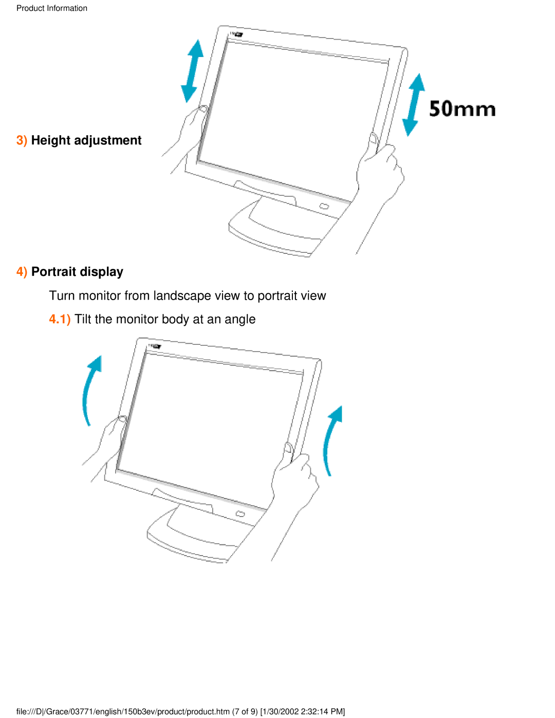 Philips 150B3V, 150B3E user manual Height adjustment Portrait display 