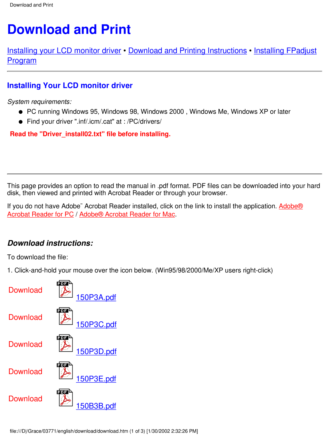 Philips 150B3E, 150B3V user manual Download and Print, Installing Your LCD monitor driver 