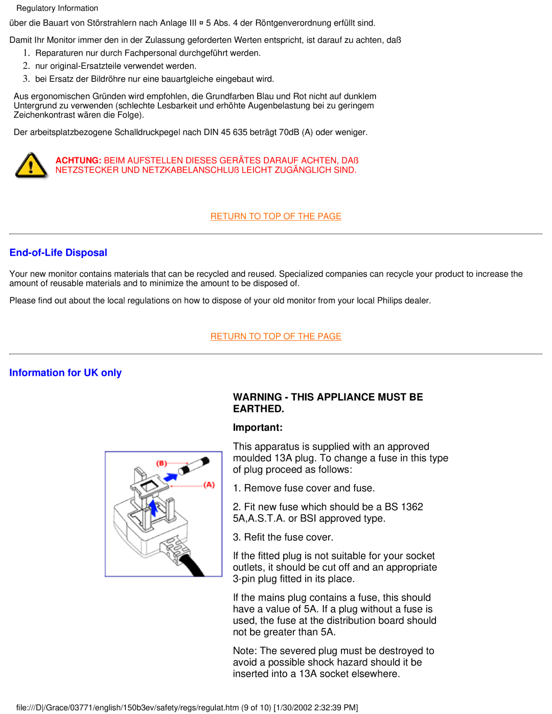 Philips 150B3E, 150B3V user manual Earthed 