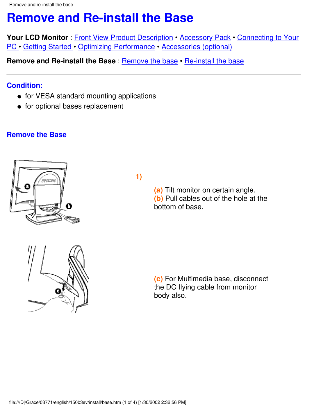 Philips 150B3V, 150B3E user manual Remove and Re-install the Base, Condition, Remove the Base 