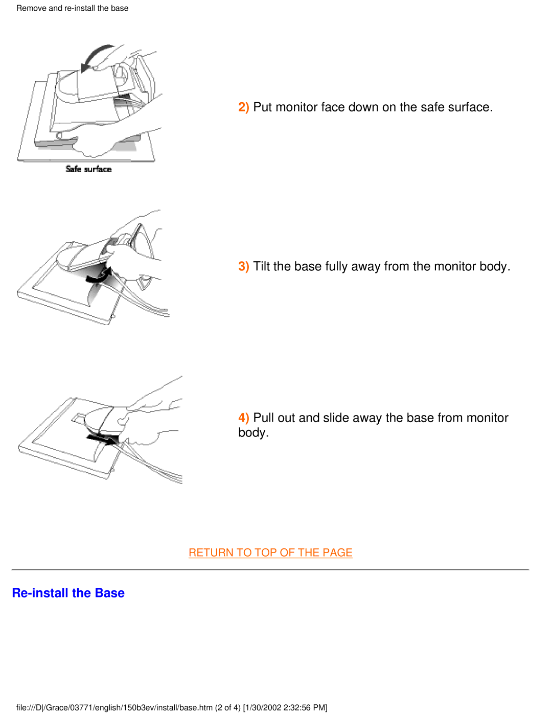 Philips 150B3E, 150B3V user manual Re-install the Base 