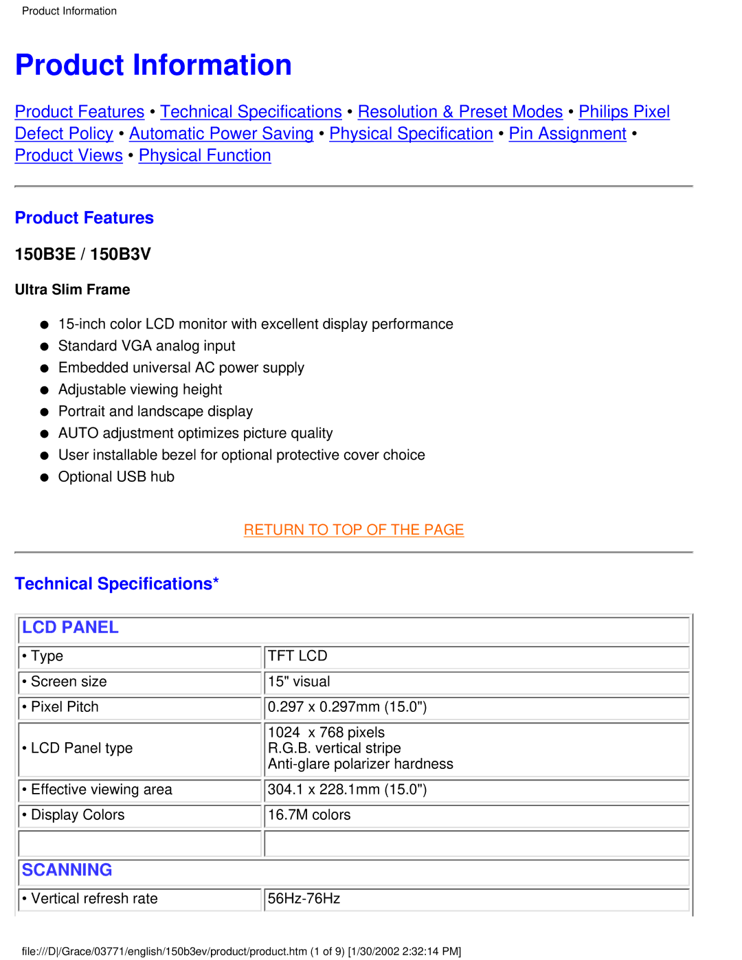 Philips 150B3V, 150B3E user manual Product Information, Product Features, Technical Specifications 