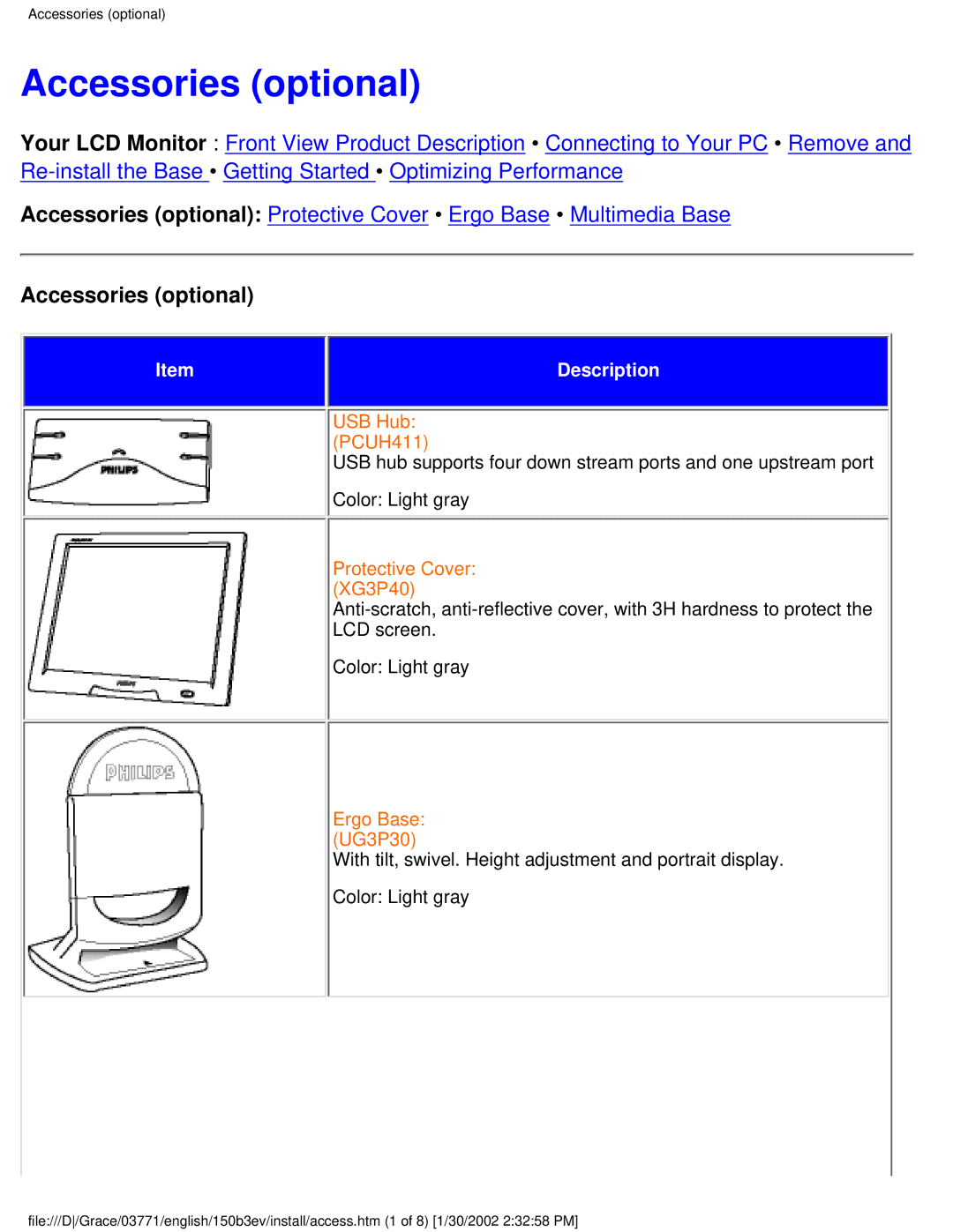 Philips 150B3E, 150B3V user manual Accessories optional 