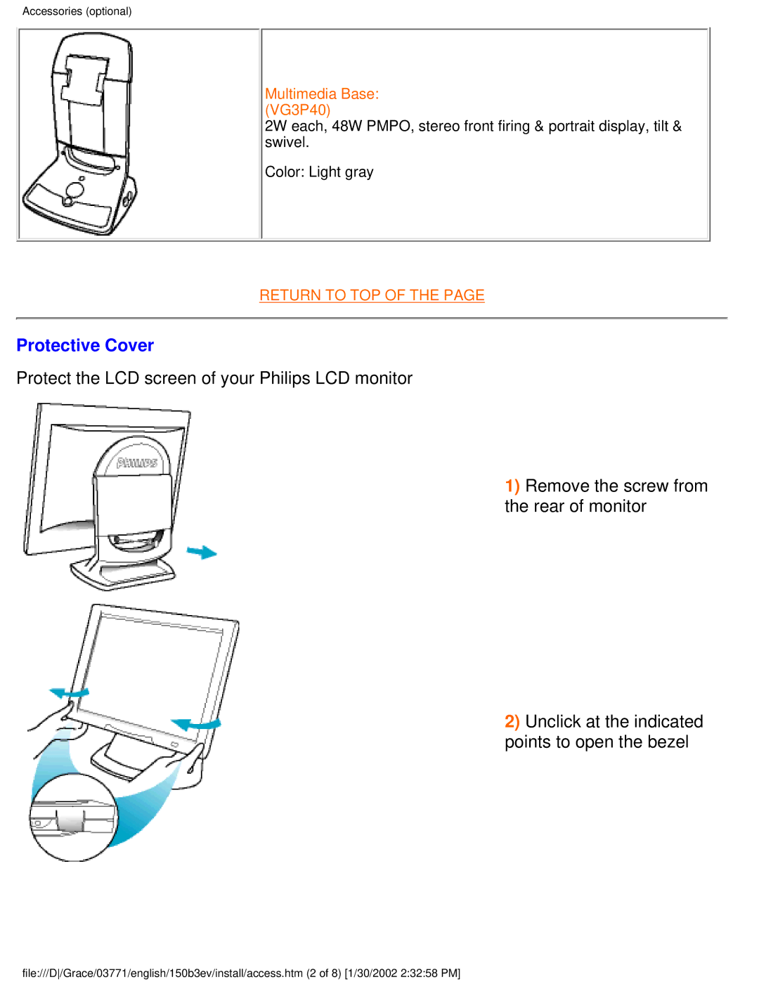 Philips 150B3V, 150B3E user manual Protective Cover 