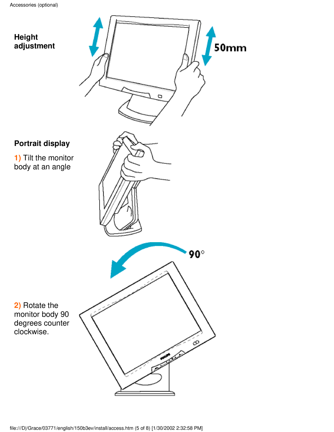 Philips 150B3E, 150B3V user manual Height adjustment Portrait display 