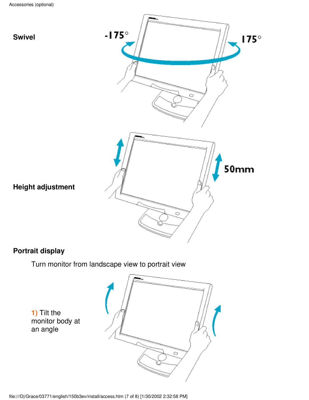 Philips 150B3E, 150B3V user manual Swivel Height adjustment Portrait display 