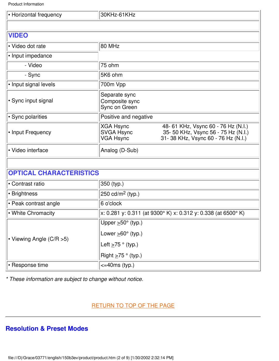 Philips 150B3E, 150B3V user manual Video, Resolution & Preset Modes 