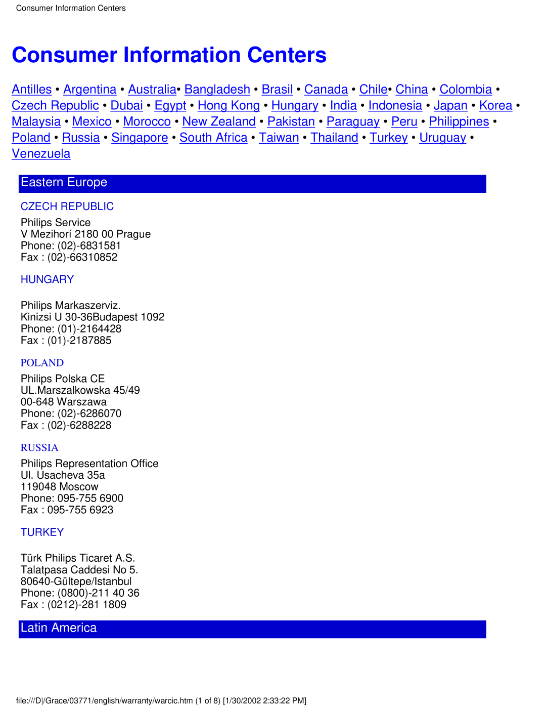 Philips 150B3E, 150B3V user manual Consumer Information Centers, Eastern Europe 