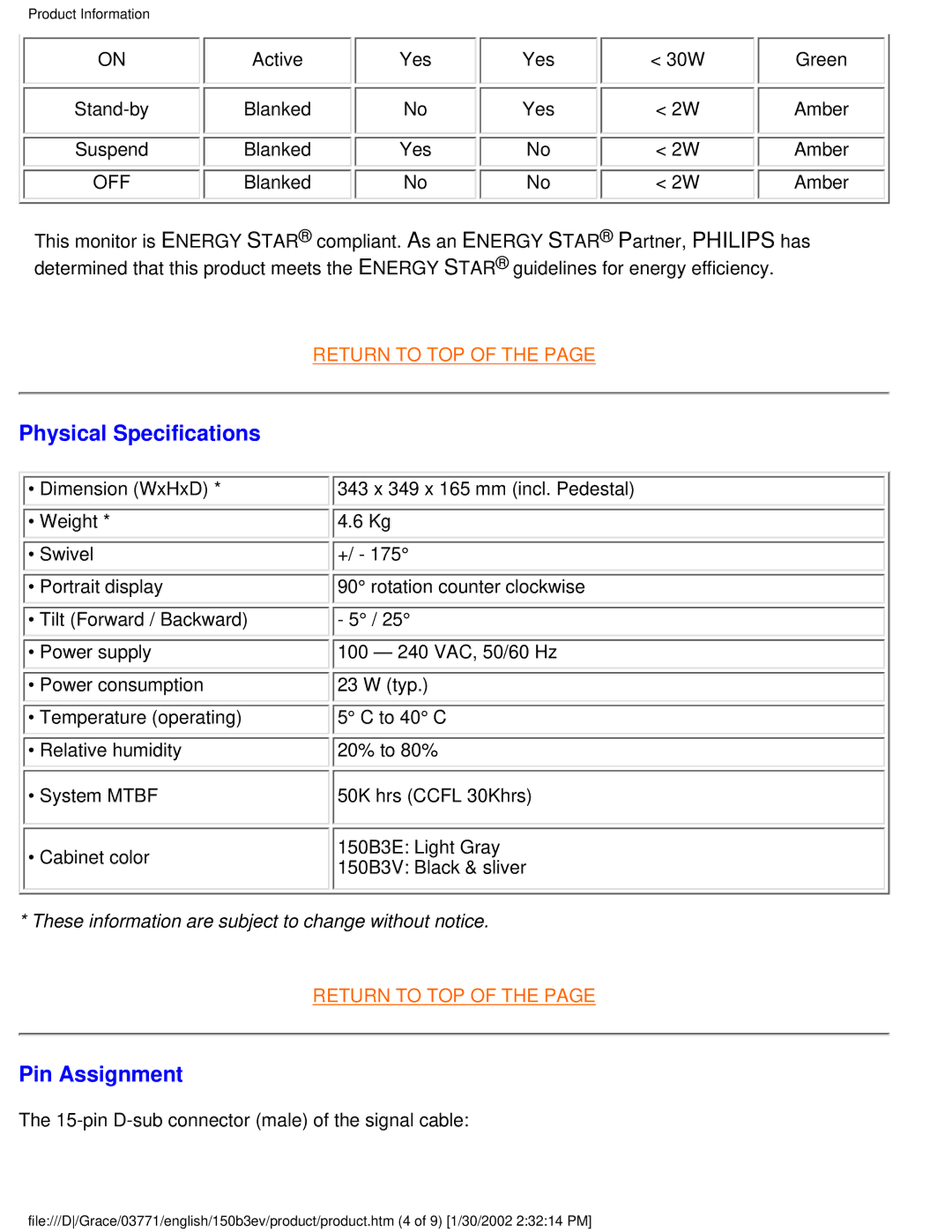 Philips 150B3E, 150B3V user manual Physical Specifications, Pin Assignment 