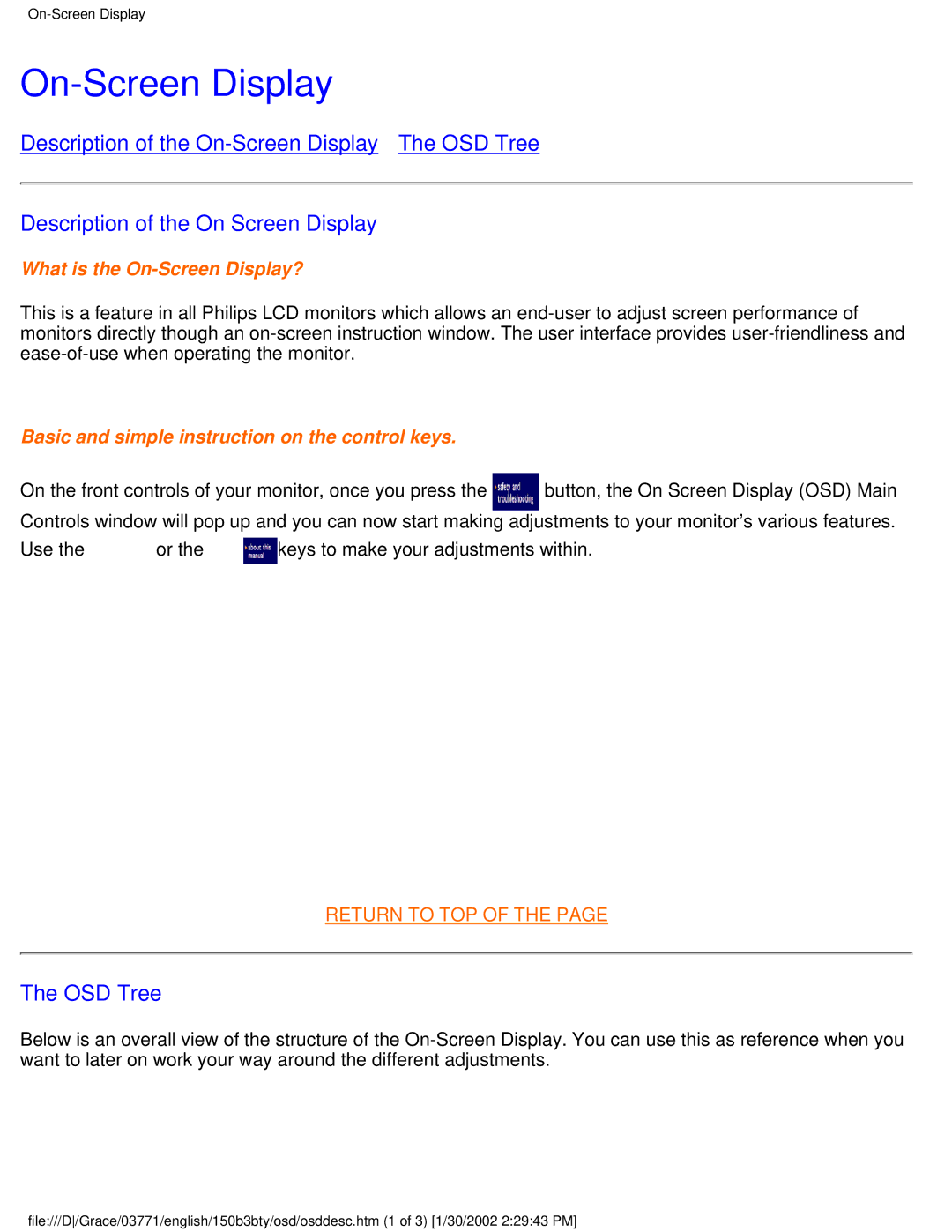 Philips 150B3T, 150B3Y, 150B3B user manual On-Screen Display, Description of the On Screen Display, OSD Tree 