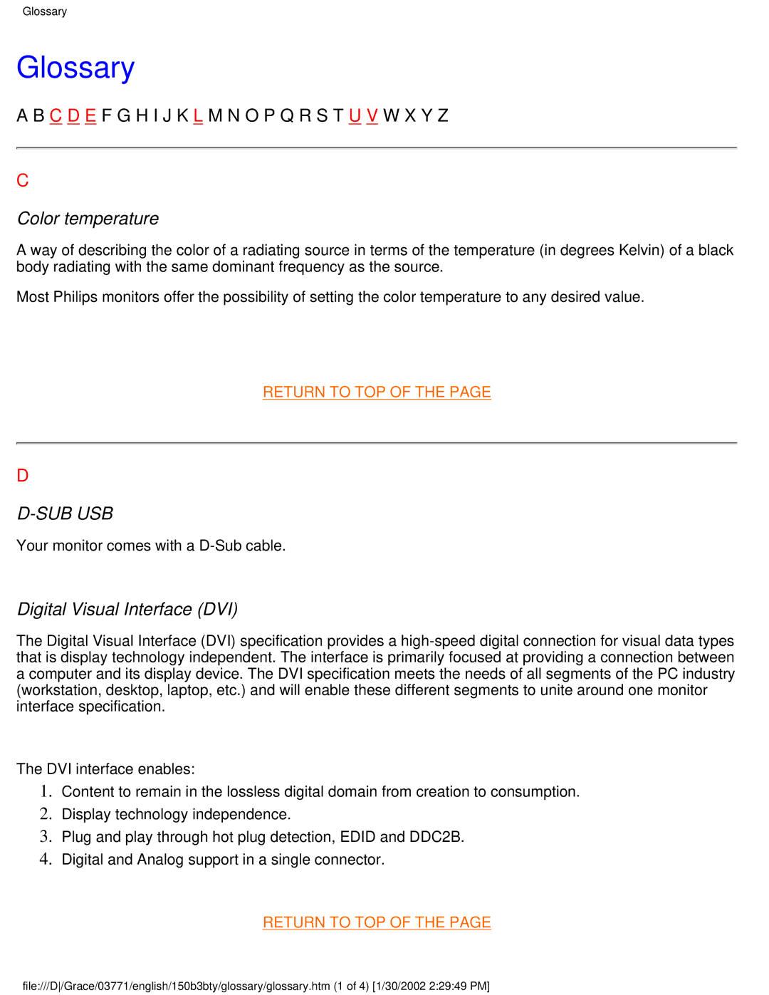 Philips 150B3Y, 150B3B, 150B3T user manual Glossary, Color temperature 