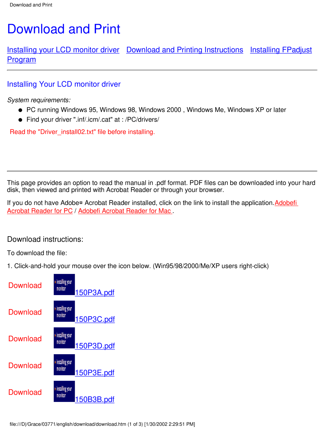 Philips 150B3B, 150B3Y, 150B3T user manual Download and Print, Installing Your LCD monitor driver 