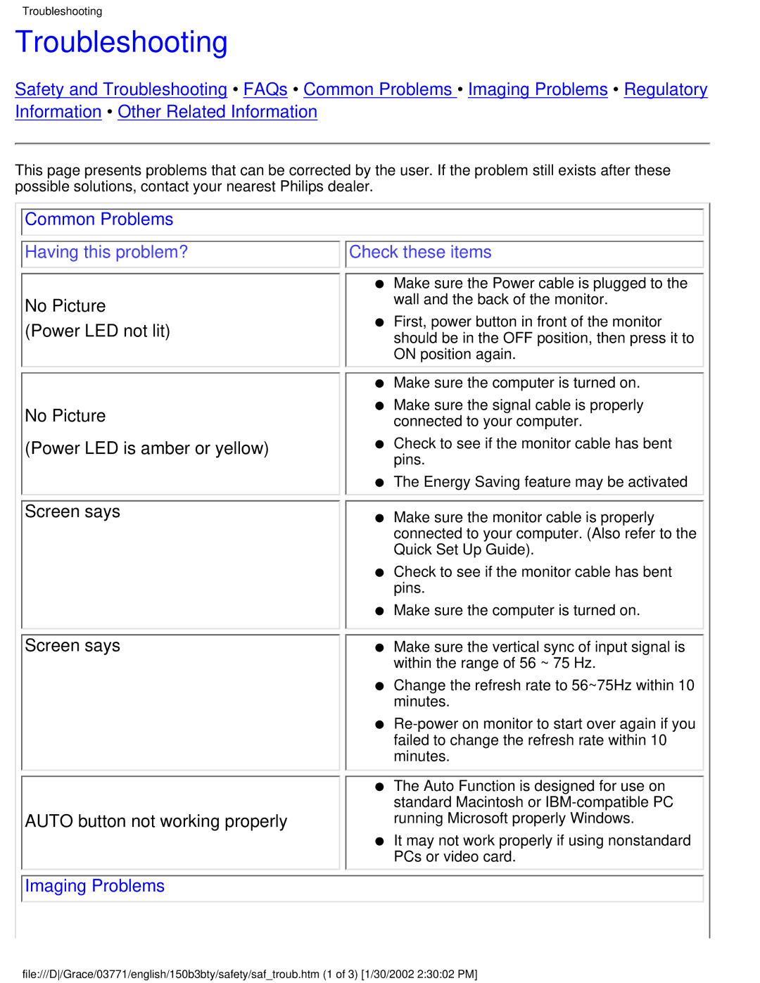 Philips 150B3Y, 150B3B, 150B3T user manual Troubleshooting, Common Problems, Imaging Problems 